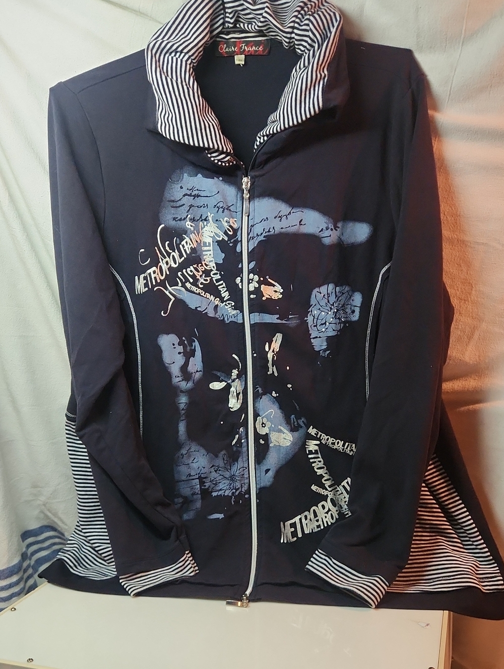 Claire France Navy Graphic Zip Jacket with Striped Trim